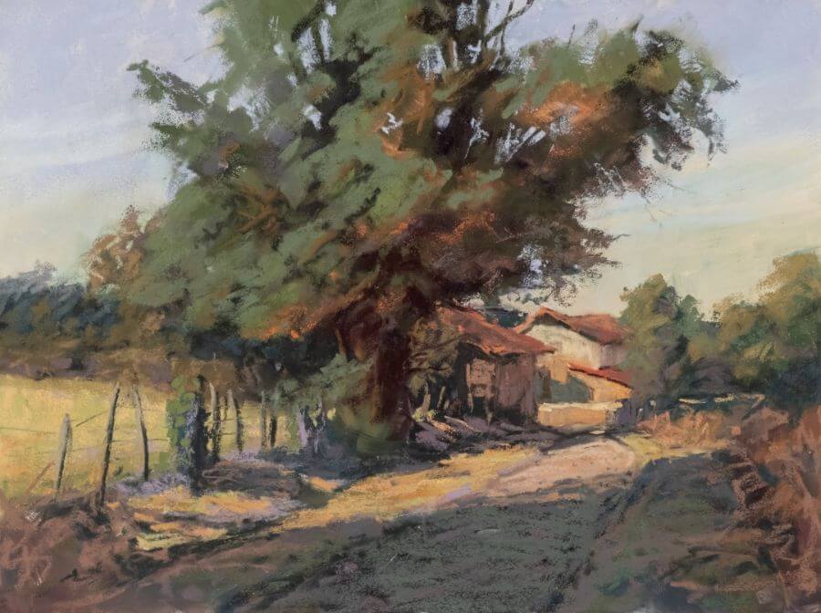 Painting number 30 (close up) The village of Lacoste on the Via Podiensis by Sharon Bamber 