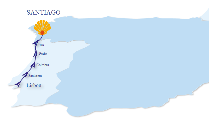 Camino Portuguese map from Lisbon to Santiago