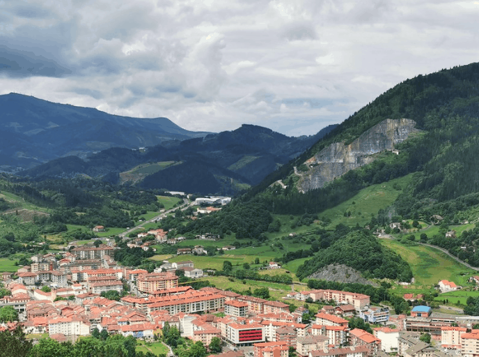 a picture of a town with hills and forest behind it