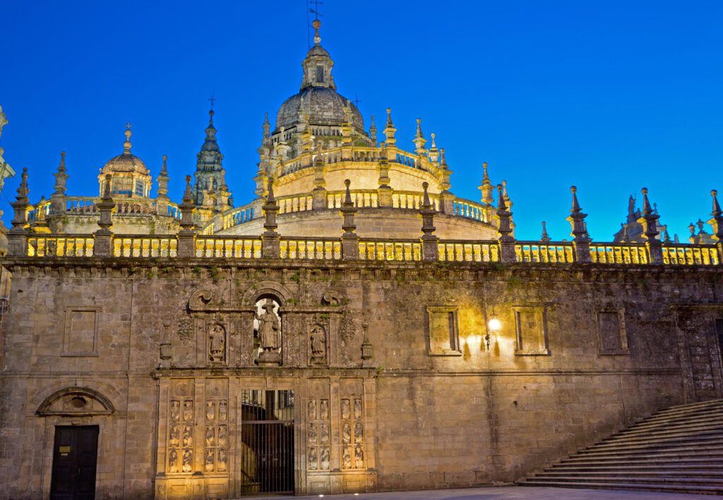 Nightview of Santiago de Compostela Holy door, pilgrim entrance